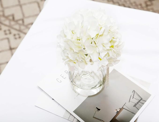 DuHouse Artificial Bigger Silk Hydrangea Flower Heads with Stem Fake White Hydrangea Flowers for Wedding Home Garden Centerpiece Pack of 6