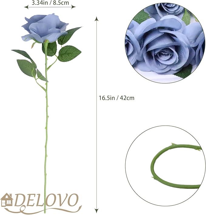 52pcs Dusty Blue Roses Artificial Flowers Fake Flowers Silk Roses with Stems for DIY Wedding Bouquets Bridal Shower Centerpieces Arrangements Party Decorations