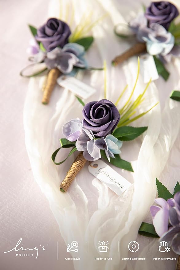 Ling's moment Boutonniere for Men, 6pcs Groom Groomsmen Boutonniere, Artificial Flowers for Wedding Decor/Prom/Homecoming, etc.Purple