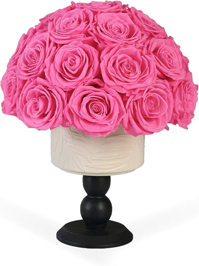 Luxury Preserved Flowers Blooms with Ceramic Base, Mushroom Shape Forever Eternal Natural Rose Gift Box for Home Table Decoration, Girlfriend Wife family Valentines Mothers Day Birthday (Pink)