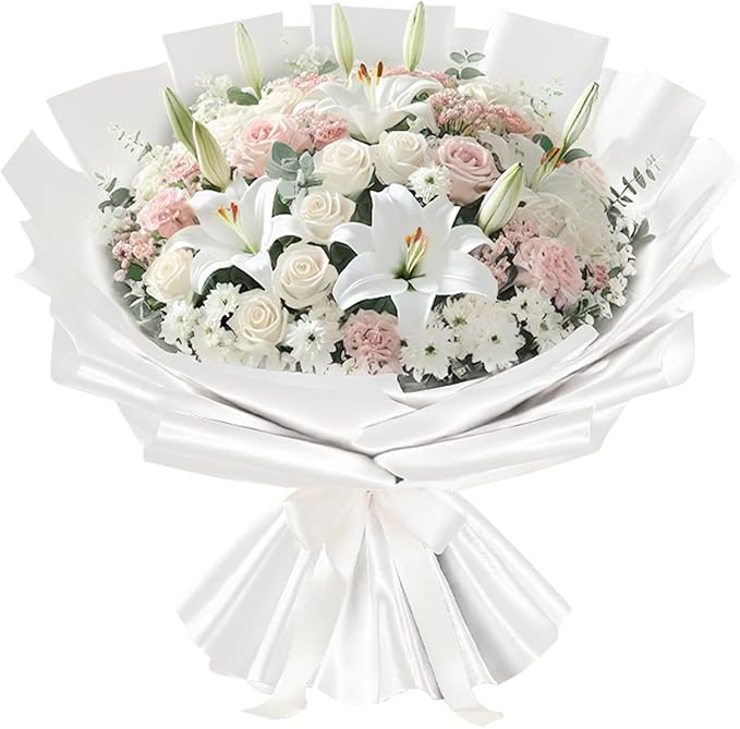 LeZakaa 20 Sheets Flower Wrapping Paper - Waterproof Reversible Floral Bouquet Paper - White Design for Valentine's Day, Mother's Day, Parties, Birthdays, Weddings, Baby Shower