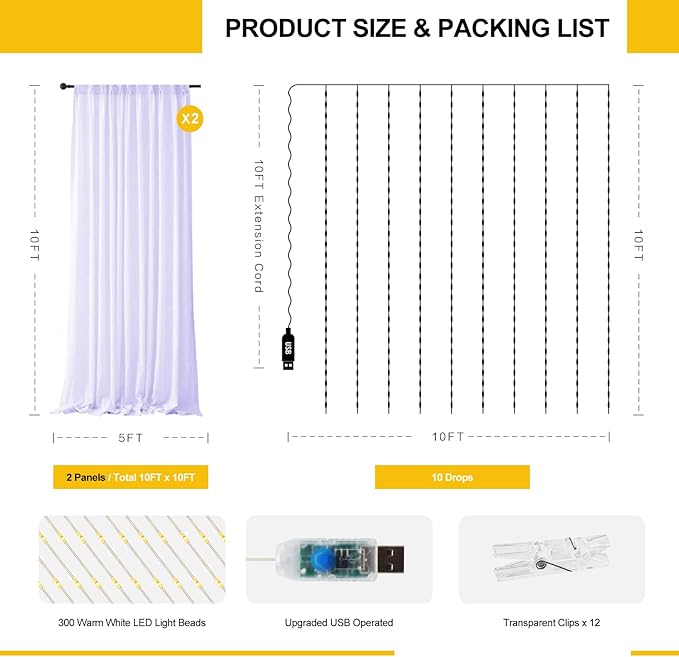 Tulle Curtain Backdrop with 300 LED Fairy Lights for Parites Wrinkle-Free Sheer Curtain Drapes Photo Back Drop for Wedding Baby Shower Bridal Shower Birthday Home Décor - 10ft×10ft, Lavender