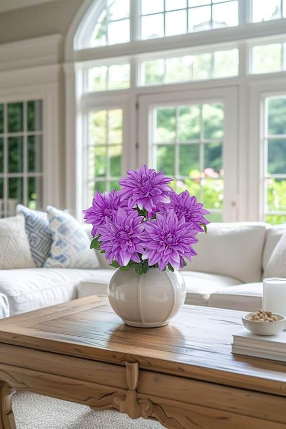 Hollyone 2Pcs Purple Artificial Dahlia Flowers Bush 7 Heads Silk 15.7" Fake Dahlias Flowers Wedding Bouquets Faux Dahlia Flower Floral Arrangements for Outdoor Indoor Table Centerpieces Home Decor