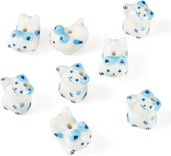 Beadthoven 8Pcs Lucky Cat Porcelain Beads 3D Blue White Handmade Craft Beads Animal Ceramic Cat Printed Ceramic Spacers with Hole for DIY Necklace Bracelet Keychain Craft Jewelry Making Supplies