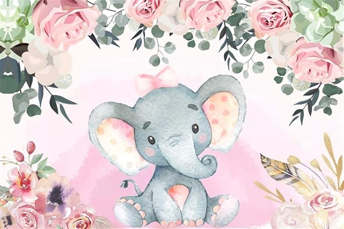 AOFOTO 7x5ft Pink Flowers Elephant Baby Shower Backdrop for Girl Sweet Floral Gender Reveal Background for Photography Kids Infant Birthday Party Banner Cake Table Decoration Vinyl Photo Studio Props