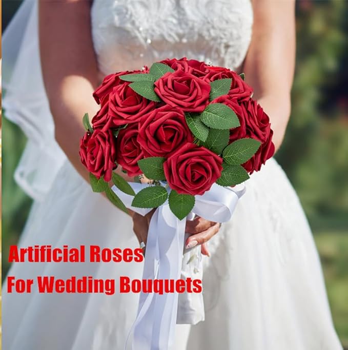 Cliselda 100Pcs Red Fake Roses Artificial Flowers with Stems, Valentine's Day Gifts, Real Touch Foam Rose Bulk Faux Flowers for Wedding Bouquets Centerpieces Flower Arrangement