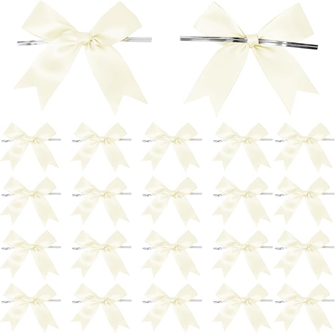 50 Counts Beige Twist Tie Bows 3.1" Pre-Tied Satin Ribbon Bow Decor Mini Twist Tie Bows for Gift Wrapping Treat Bags Cake Bridal Baby Shower Birthday Party Favors Wedding Decorations