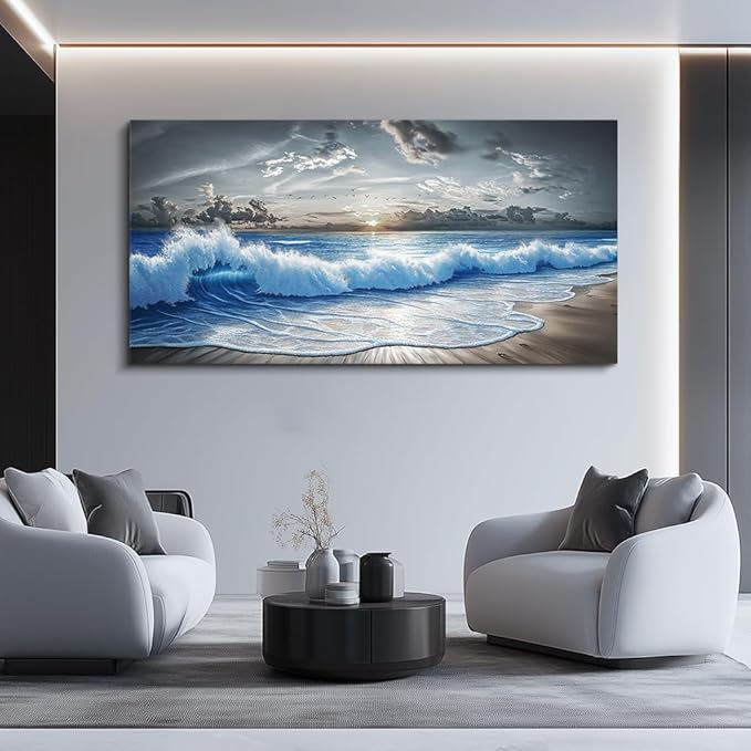 PHAOHUAXM Wall Decor For Living Room Wall Art For Bedroom Office Restaurant Decoration Black White And Blue Ocean Wave Landscape Painting Canvas Pictures Printing Artworks Modern Home Decor 20"X40"