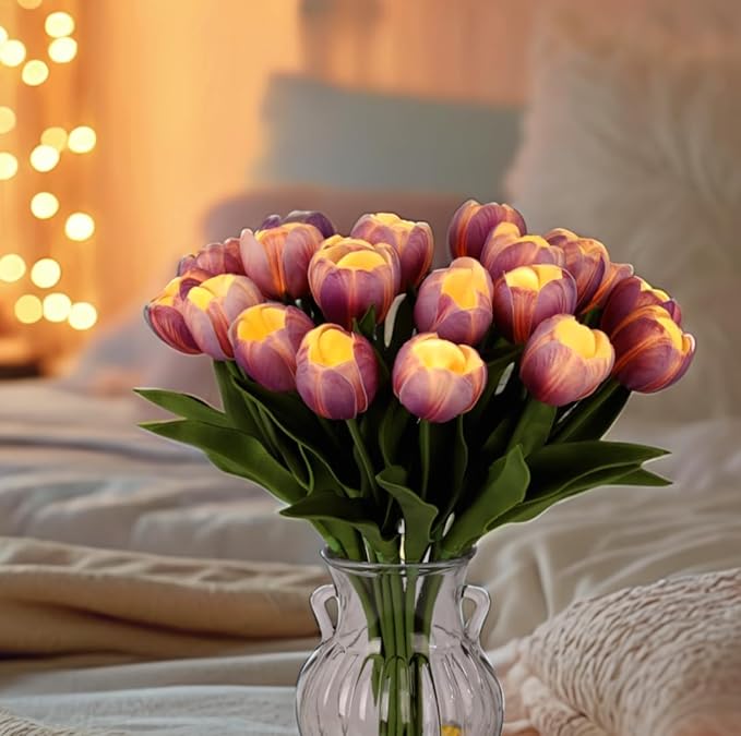LED Lighted Artificial Tulips, Tulip Lamp, Real Touch Tulip Flowers, 15 Inch Faux Tulip Bouquet with Battery Operated Lights for Gifts, Home Kitchedn Wedding Decor(Purple)