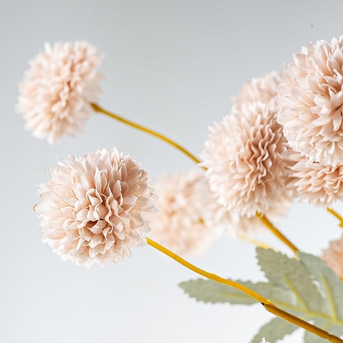 6 Artificial Silk Flowers + 3 Eucalyptus, Artificial Chrysanthemums with Stems for Home Decor,Bumnt Beige