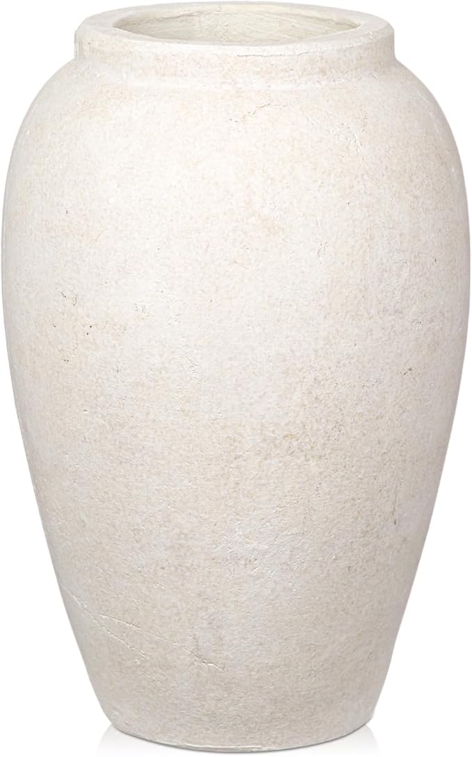 Handcrafted Flower Vase, 10.5" Tall Terracotta Vases, Vintage White Vase, Rustic Antique Décor, Wide Mouth, Matte Finish for Home Office Resto Café Decoration