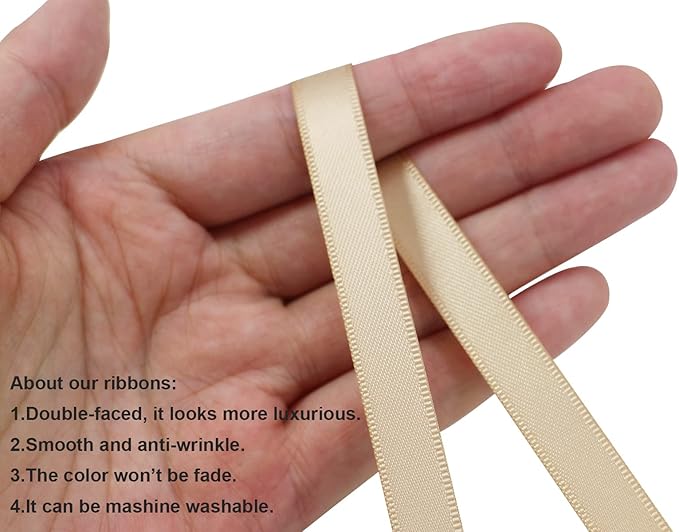 Champagne Double Faced Satin Ribbon 3/8 inch Flower Boutique Gift Wrapping 10mm 100yards Continuous Fabric Silk Bow Ribbon for Christmas-DIY Crafts Hair Headband-Sewing-Wedding Decoration
