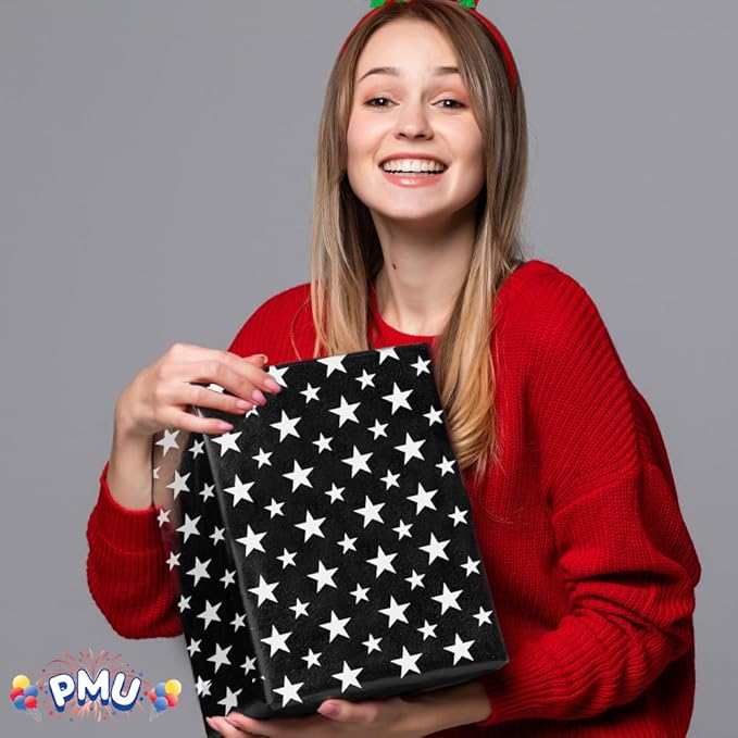 PMU Gift Wrap Mylar Roll Metallic Black with Silver Multi Stars 2-sided, 30 Inches X 25 Ft Roll 1.4 Mil Highly Reflective Mylar Film, Great for Gifts, Birthdays, Christmas, Baskets, Arts & Crafts