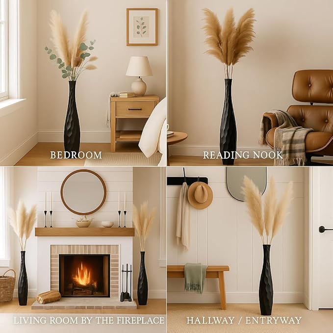 Leewadee Large Black Home Decor Floor Vase - Wooden 26 inch Tall Farmhouse Decor Flower Holder for Fake Plant and Pampas Grass