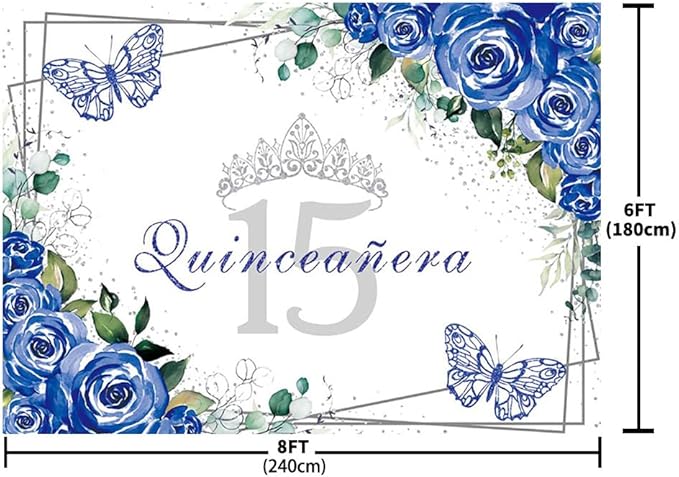 SENDY 8x6ft Quinceañera Backdrop Mis Quince 15 Anos Birthday Party Decoration Supplies for Girl Princess Royal Blue Floral Butterfly Silver Crown Photography Background Banner Photo Booth Studio Props