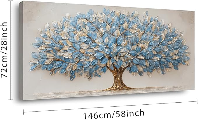 Blue Tree of Life Canvas Wall Art Nature Blue Gold Leaf Abstract Tree Canvas Painting Textured Pictures, Modern Large Panoramic Landscape Ready for Living Room Bedroom Office Home Décor 58L" x 28W"