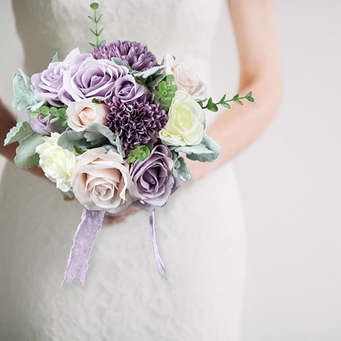 Rinlong 9" Wedding Bouquet for Bride Bridal Bridesmaid Artificial Flowers Pastel Purple Silk Tossing Wedding Prom Bouqeut
