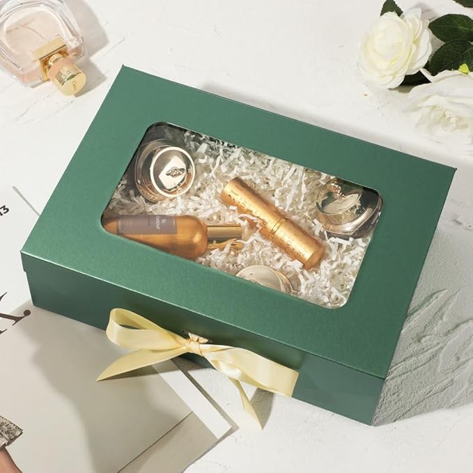 Green Gift Box for Presents with Ribbon 10.8x7.5x3.5 Inches Clear Gift Box with Window Magnetic Closure Gift Boxes with Lids
