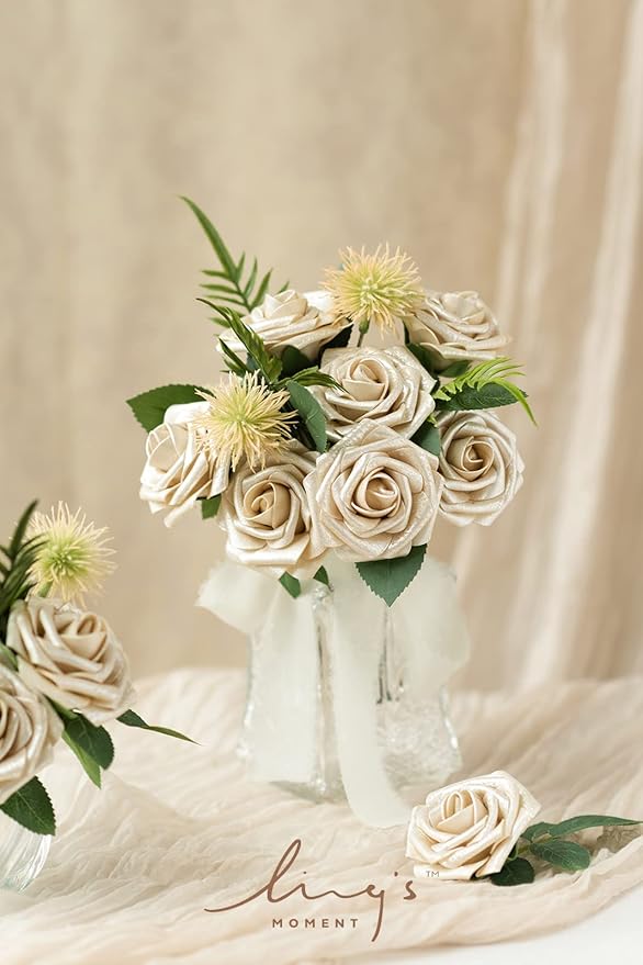 Ling's moment Artificial Flowers 25Pcs Champagne Gold Roses Decor w/Stems, 3" Real Touch DIY Foam Floral for Wedding Bouquet/Centerpieces, Outdoors Party Backdrop, Room/Table, Christmas Decor
