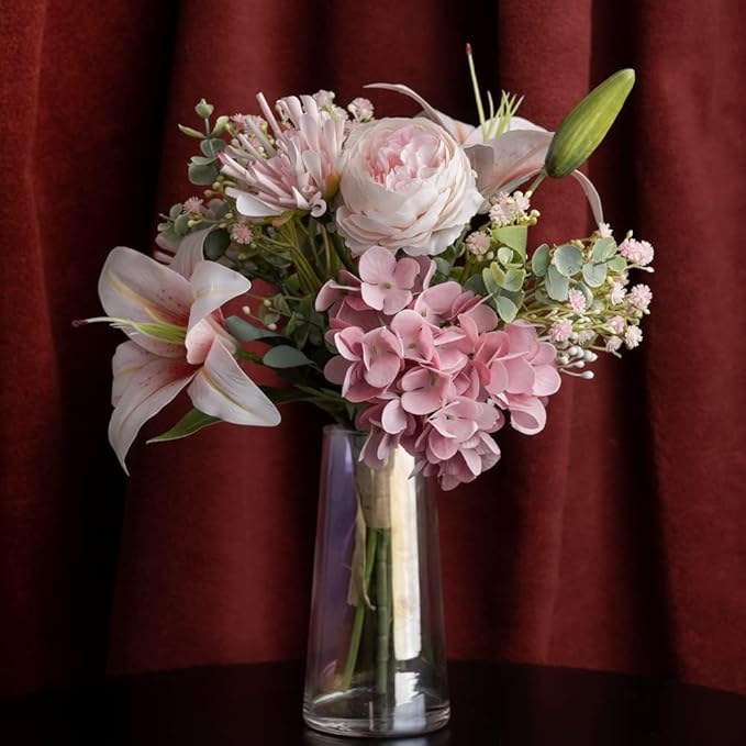 16-inch Artificial Fake Faux Flowers Silk Flower Arrangements Bouquets with Lilies, Buttercup, Hydrangea, Chrysanthemum, babysbreaths (Pink)