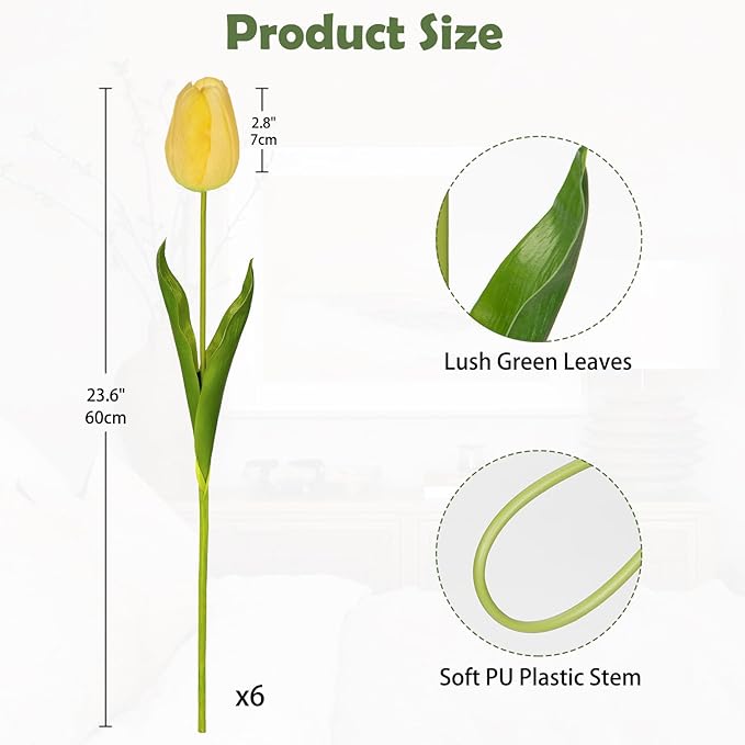 6PCS 23" Fake Tulip Flowers Artificial Yellow Tulips Long Stem Faux Flower, Silk Flower Décor for Floral Arrangement Home Farmhouse Wedding Decoration