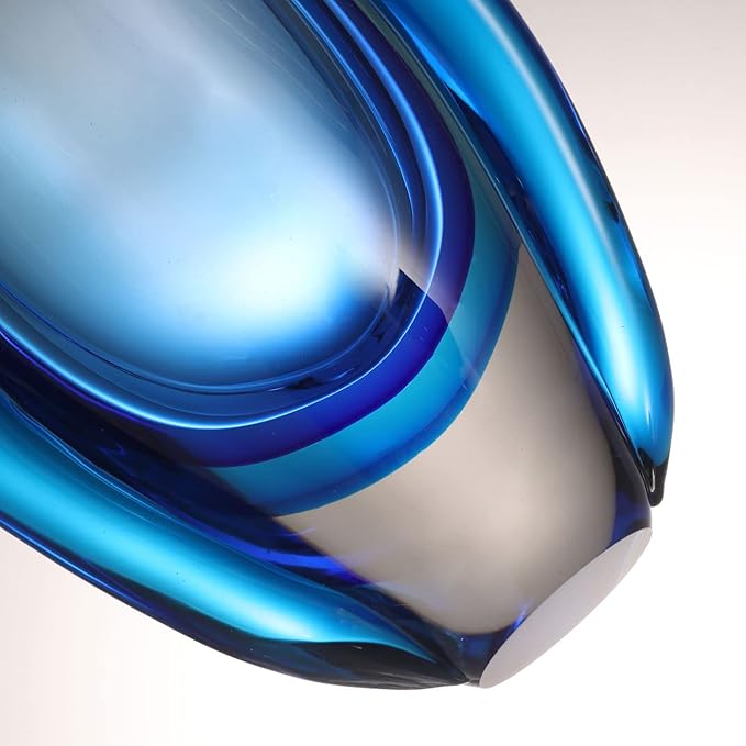 Luxury Lane Hand Blown Sommerso Oval Art Glass Vase for Decor Centerpiece Table Decoration Blue 8.5 inch Tall