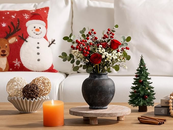 Ceramic Rustic Vase, 6 Inch Small Flower Farmhouse Vase Decorative Vase Short Pottery Vases for Home Decor Table Living Room Entryway Mantel Bookshelf Bedroom Bathroom Kitchen - Black