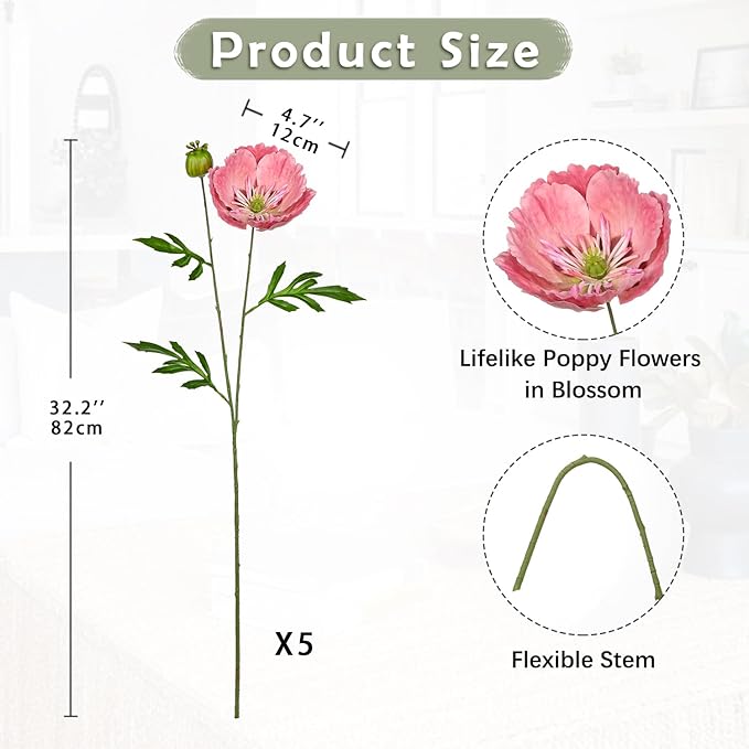 Hollyone 5Pcs Pink Poppy Flowers Artificial Bouquet 32.2" Silk Fake Poppy Flowers Arrangement Real Touch Faux Poppies Flower Long Stem for DIY Wedding Party Table Centerpiece Table Home Decor