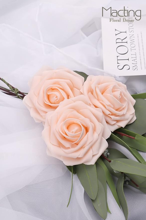 MACTING Artificial Flower Roses 30PCS Real Touch Fake Flowers with Stem Foam Roses for DIY Wedding Bouquet Table Centerpieces Party Baby Shower Valentines Day Gifts Spring Decorations,Champagne