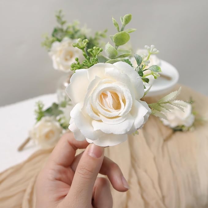 Ivory Rose Boutonniere for Men Wedding Set of 6 Groom Groomsmen Best Man Artificial Flowers Boutonniere for Wedding Ceremony Anniversary Prom Flowers Formal Dinner Party (6, White, Middle)