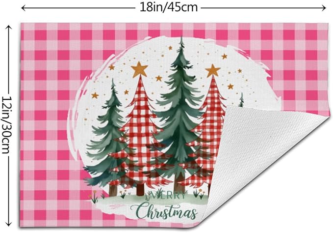 PVC Placemats Set of 6 Wipeable Table Mats Washable Heat Resistant Non Slip Vinyl Dining Table Mat for Kitchen Indoor Outdoor Patio Farmhouse Place Mats Pink Grid Christmas Tree Decorative
