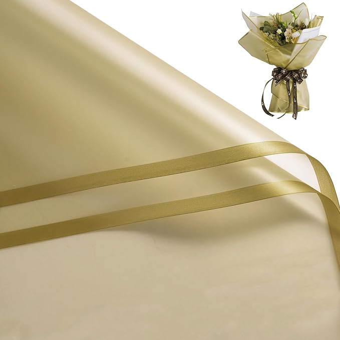 WRAPAHOLIC 20 Sheets Flower Wrapping Paper - 22.4 x 22.4 inch Gold Border Water-Resistant Floral Bouquet Wrapping Paper for Wedding Birthday Gift DIY