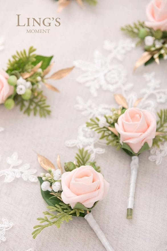 Ling's Moment Boutonniere for Men, 10pcs Groomsmen Guest Boutonniere, Artificial Flowers for Wedding Décor/Prom/Homecoming,etc.Blush Pink