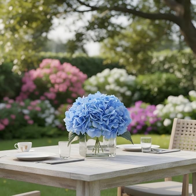Blue Hydrangea Flowers in Vase, Silk Flowers in Vase with Faux Water for Home Decor Indoor, Wedding Table (Blue)