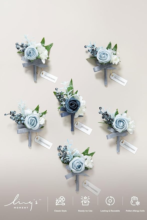 Ling's moment Boutonniere for Men, 6pcs Groom Groomsmen Boutonniere, Artificial Flowers for Wedding Decor/Prom/Homecoming, etc.Dusty Blue Light Blue
