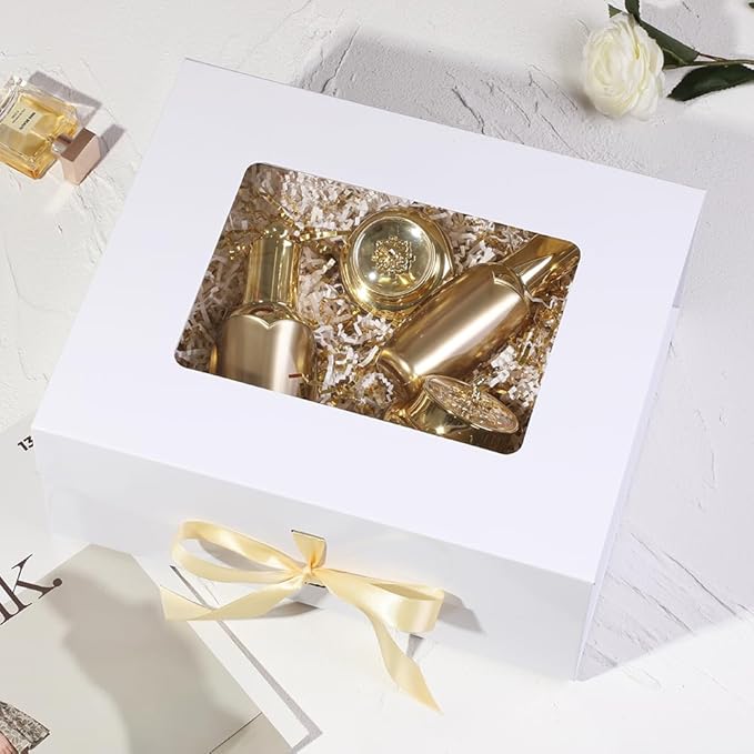 5 Pcs White Gift Box for Presents with Ribbon 13.2x11x5.3 Inches Clear Gift Box with Window Magnetic Closure Gift Boxes with Lids