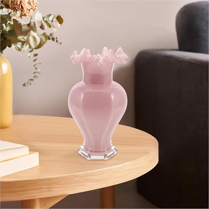 Pearlescent Pink Glass Decorative Vase with Artistic Curved Rim Handblown Artistic Planter for Flower Bouquets Unique Home Accent for Living Dining Table Office and Wedding Decor