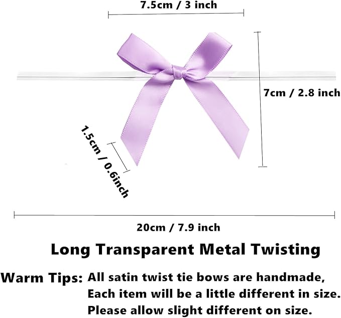 50 Pieces 3 inch Satin Ribbon Twist Tie Bows, Pretied Bows with Twist Ties, Twist Bows Treats Bags, Bow Ties for Treats, Cake Pops, Baby Shower, Crafts, Gift Wrapping Favors (Light Purple)