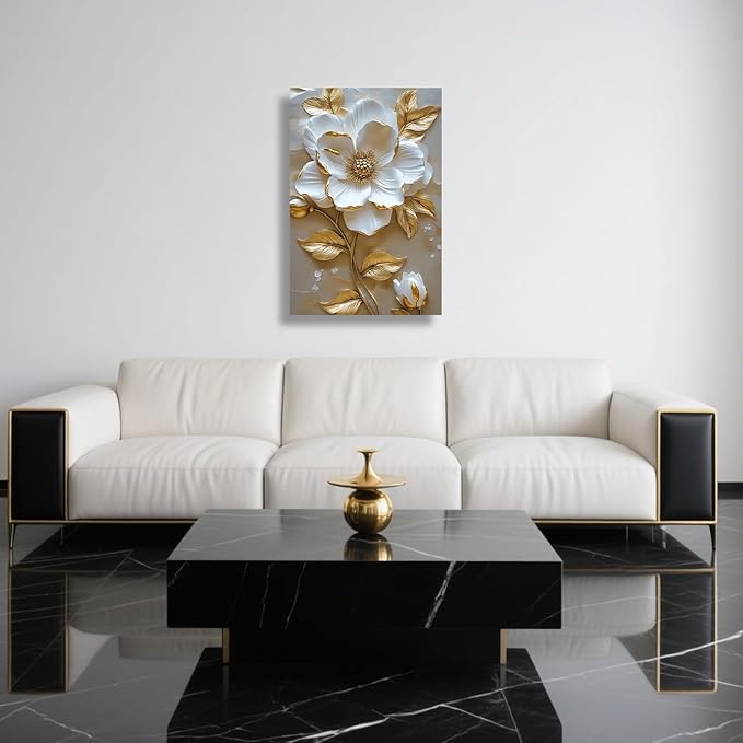 ZSHARTSWD Abstract White & Gold Floral Canvas Wall Art Elegant Flowers Pictures Prints White Flower Golden Leaves Painting Living Room Bathroom Decor Framed (Beige, 18L x 12W)