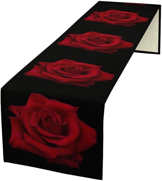 Red Rose Table Runner,Romantic Flower Black Table Runner for Indoor Outdoor Holiday Home Wedding Party 13x108 Inch