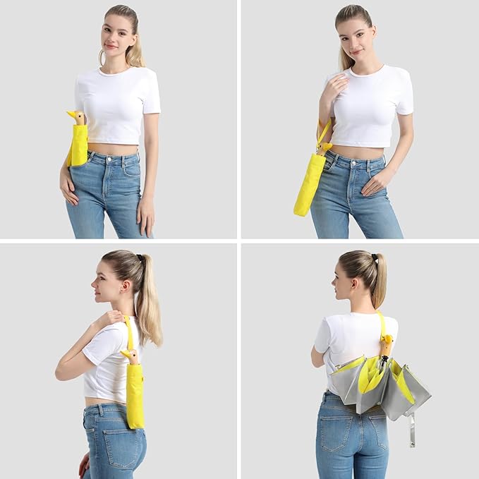 Cute Duck Umbrella Automatic - Compact Pretty Pocket Size Strong Duck Collapsible Umbrella Yellow Wooden Handle for Women