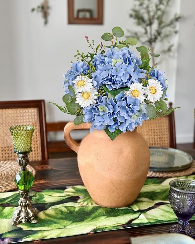 Hydrangea artificial Flowers 12PCS Blue Fake Flowers Long Stems Faux Hydrangea Daisies Silk Arrangements Realistic Faux Flowers for Vase Floral Centerpiece Wedding Bridal Bouquet Party Home Decor
