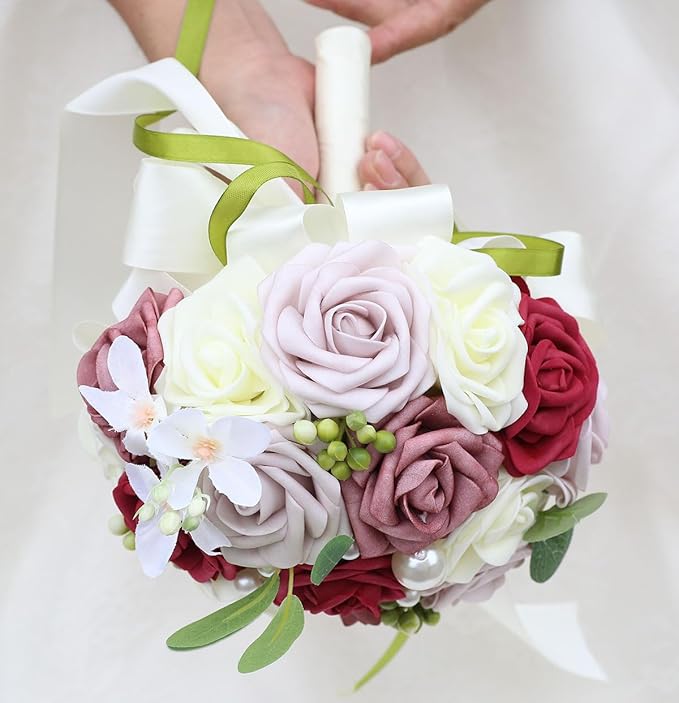 Lightweight Bridal Wedding Bouquet Round Holding Bouquet Throw Toss Artificial Rose Flower Bunch for Bride Bridesmaid Wedding Quinceanera (Cream, Smoky Rose, Light Taro & Burgundy, 6.7")