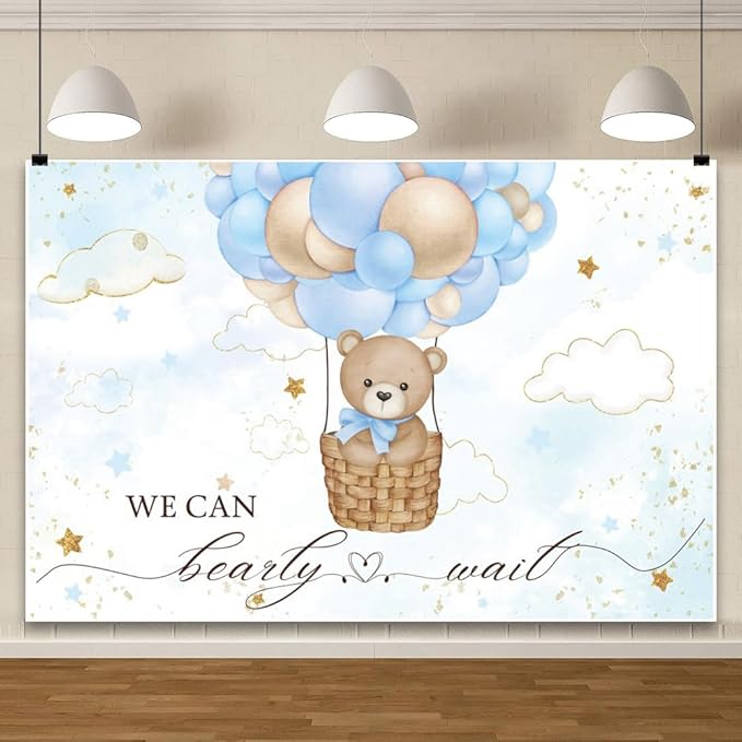 ChloropLastid We Can Bearly Wait Baby Backdrop Boy Bear Hot Air Balloon Baby Shower Photography Background Blue Balloons Clouds Stars Baby Party Cake Photo Decoration 12x8ft