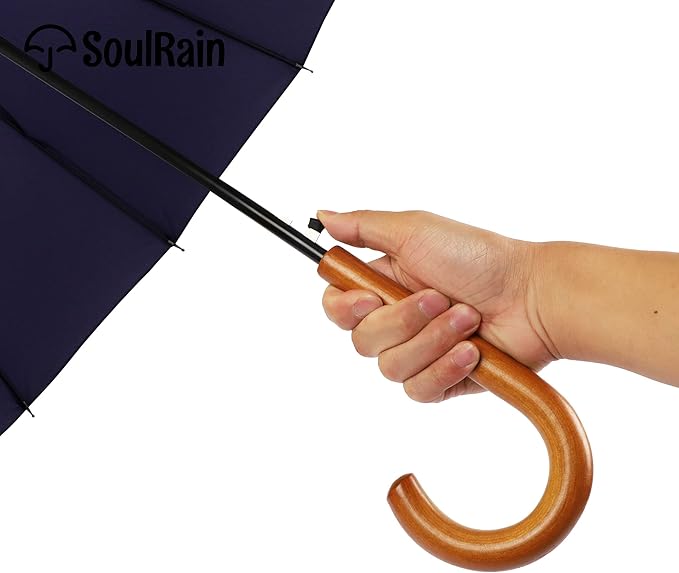 SoulRain 16 Ribs 48" Stick Umbrella Auto Open Solid Color Fashionable and Simple，Arc Classic Wood Handle，Windproof Unbreakable Stick Rain Umbrella