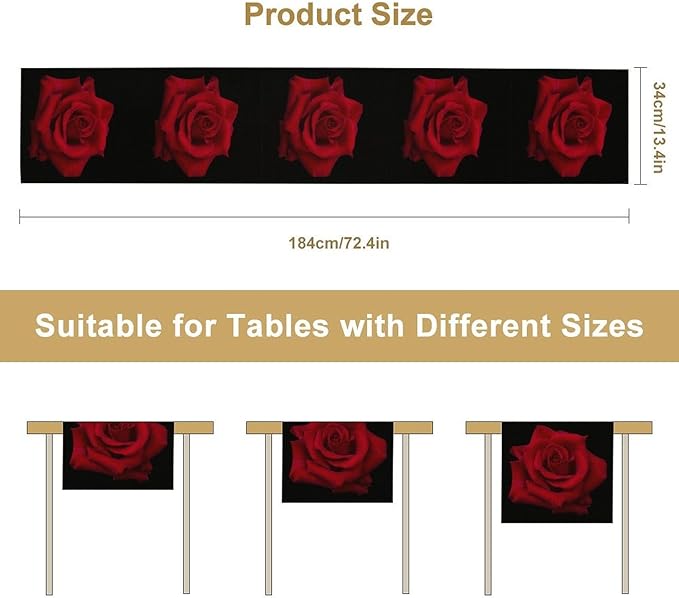 Red Rose Table Runner,Romantic Flower Black Table Runner for Indoor Outdoor Holiday Home Wedding Party 13x60 Inch