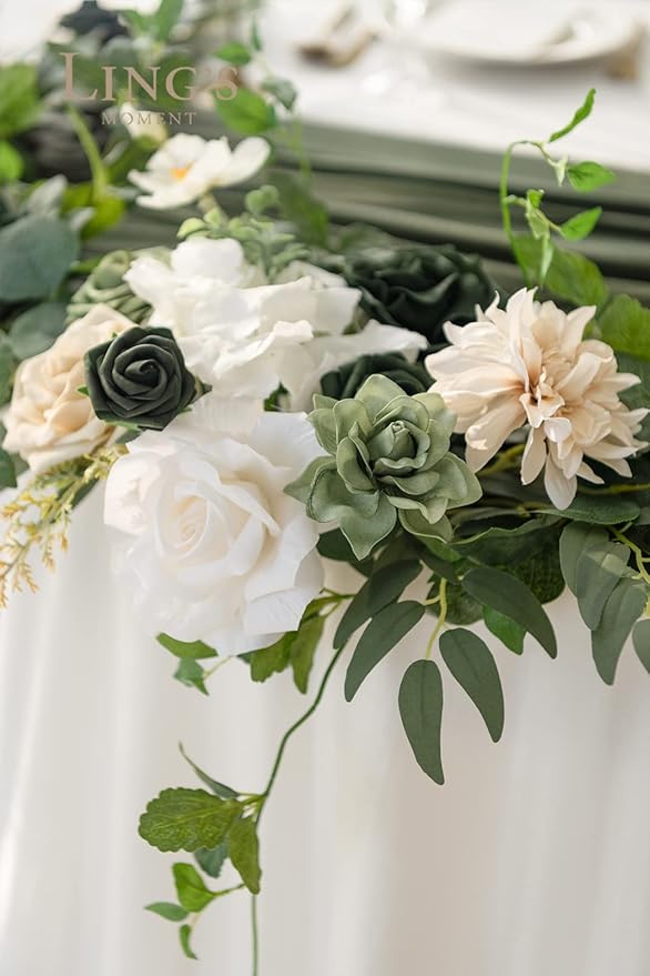 Ling's moment Summer Green Flower Garland - 6FT Eucalyptus & Rose - Sweetheart Table Decor for Wedding Reception, Artificial Floral Garland for Mantle, Christmas Decoration, Emerald & Tawny Beige