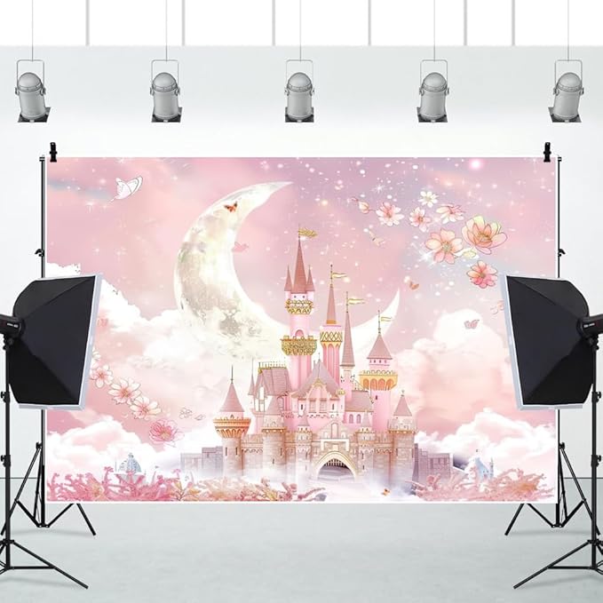 AOFOTO Castle Backdrop Princess Spring Pink Floral Moon Printed Fairy Tale Photography Background for Girl Birthday Baby Shower Party Banner Home Decor Wall Photo Studio Booth Props 10x7ft