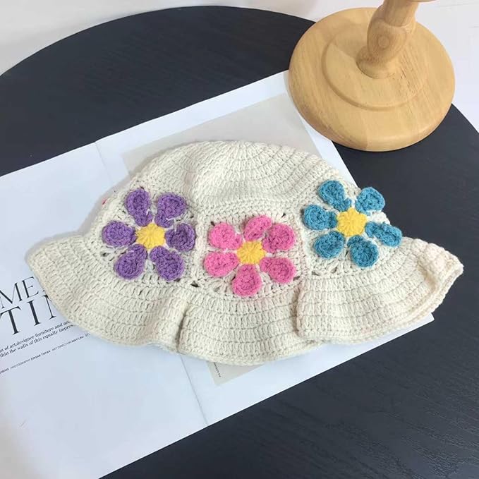 Crochet Bucket Hat for Women Flower Knit Hat Hollow Out Foldable Cap Hats