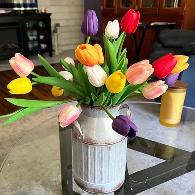 24pcs Multicolor Artificial Tulips Flowers Fake Faux PU Tulip Bouquet Real Touch Flower Arrangement for Home Decoration Excellent Gift Idea for Mothers Day（Multi）